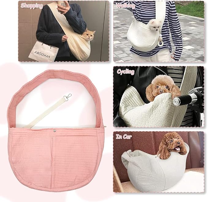NATUYA Small Dog Carrier Sling Dog Sling Carrier for Small Dogs Puppies Cats, Big Pouch Safety Leash Pet Sling Carrier for Walking Outdoor Travel (Pink, Canvas)-Mewly Pet