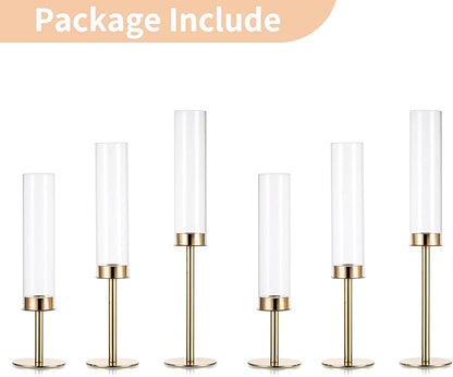 Nuptio Glass Hurricane Candle Holder: Set of 6 Gold Candlestick Holders - Long Stem Taper Candleholders for Christmas Tabletop Centerpiece Fireplace Decor Cylinder Candle Stand Windproof 14" 16" 18"