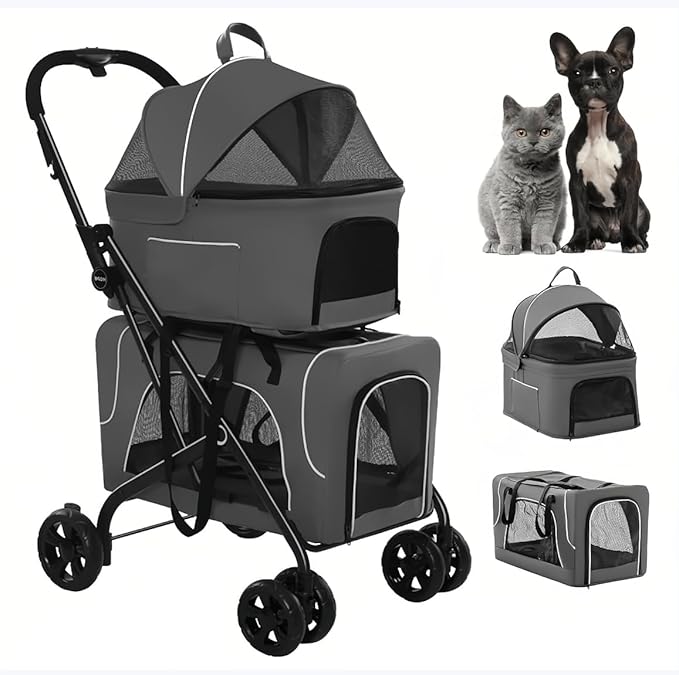 Pet Stroller with 2 Detachable Carriers, Foldable, Spacious Interior, Large Capacity, Durable Construction-Mewly Pet