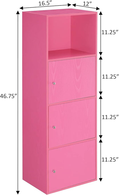 Convenience Concepts Xtra Storage Three-Door Cabinet with Shelf in Pink Wood Finish