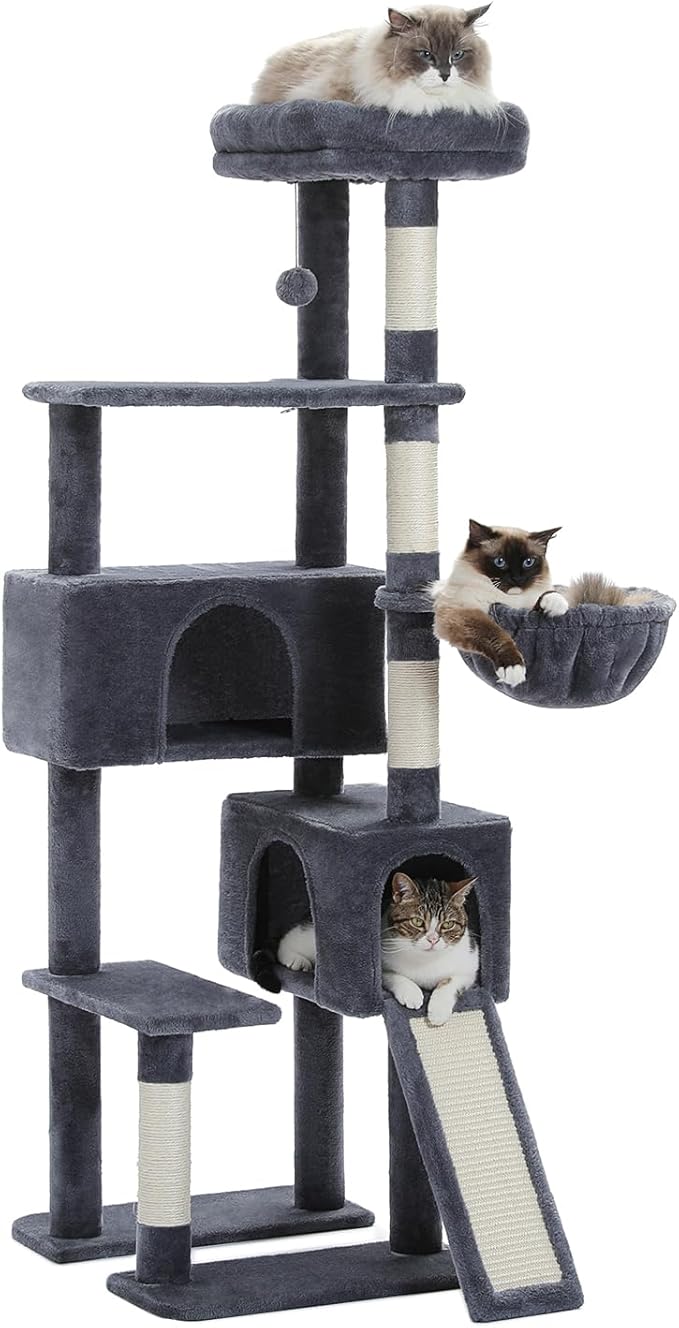 PAWZ Road Cat Tree, 60 Inches Cat Tower with Dual Condos, Spacious Perch, Cozy Basket and Sisal-Covered Scratching Posts for Indoor Cats- Dark Gray-Mewly Pet