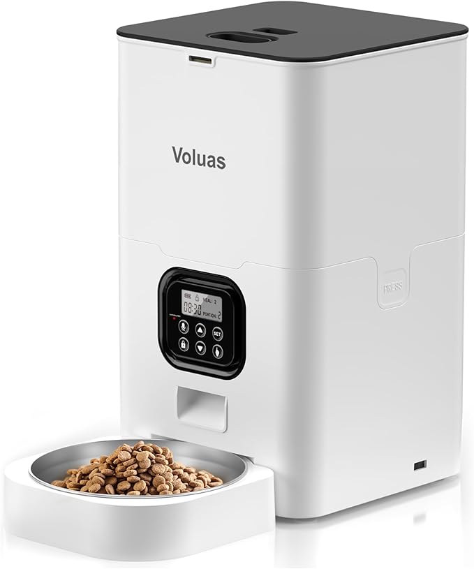VOLUAS Automatic Cat Feeders - Pet Food Dispenser for Dry Food, Timed Cat Feeder with Desiccant Bag, Programmable Portion Size Control 4 Meals Per Day, 10s Voice Recorder-Mewly Pet