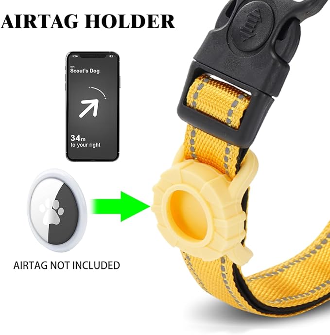 JSXD AirTag Dog Collar, Night Reflective Nylon Dog Collar for Small Medium Large Dogs,Lockable Quick Release Buckle,Padded Breathable Pet Collar with AirTag Holder (Yellow, Small)-Mewly Pet