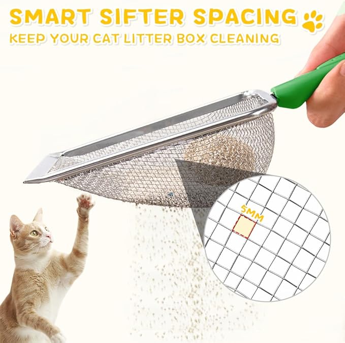 Metal Cat Litter Scoop,Sturdy Litter Cleaner Corner Shovel,Stainless Steel Mesh Litter Shovel,Easy to Clean Reptile Terrarium Sand Waste(Green)-Mewly Pet