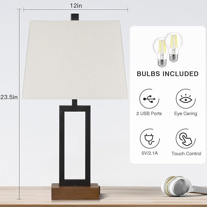Table Lamps Set of 2 with 2 USB Ports and AC Power Outlet, Modern Bedside Lamp, Wood Nightstand Lamp with Linen Shade for Living Room Bedroom End Table Hotel Desk(LED Bulb Included)