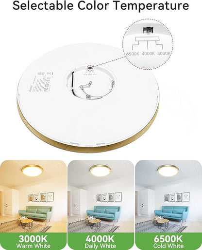 zemty LED Ceiling Light Golden - 12In 28W Aureate Flush Mount Ceiling Light, 3 Color Temperature 3000K/4500K/6000K - 3200lm Gilded Round Flat Light Fixture for Kitchen Bathroom Shower
