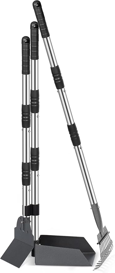 Heeyoo Dog Pooper Scooper, Dog Poop Tray and Rake Set, Pet Waste Removal Scoop with Long Adjustable Sectional Stainless Handles-Mewly Pet