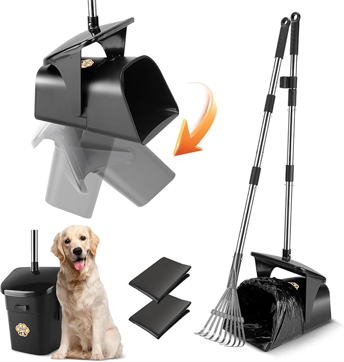 Pooper Scooper for Large Dogs Heavy Duty Swivel Bin & Rake with 20 Waste Bag for Large Medium Small Dogs, Easy to Clean Pet Waste Use on Grass, Dirt, Gravel or Flats-Mewly Pet