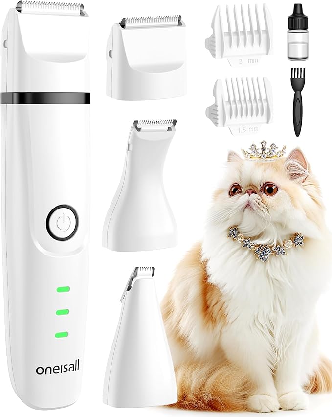 oneisall Cat Grooming Kit, 3 in 1 Quiet Cat Clippers for Thick Matted Paw Hair Trimmer, Heavy Coat Butt Shaver Cordless Pet Clippers Fur Trimmer for Dogs and Other Small Animals at Home Travel-Mewly Pet
