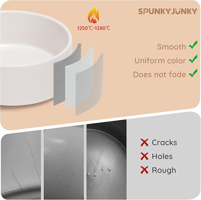 SPUNKYJUNKY Ceramic Dog and Cat Bowl Set with Wooden Stand, Modern Cute Weighted Food Water Set for Large Size Dogs (7.6 Cups, 2 × White)-Mewly Pet