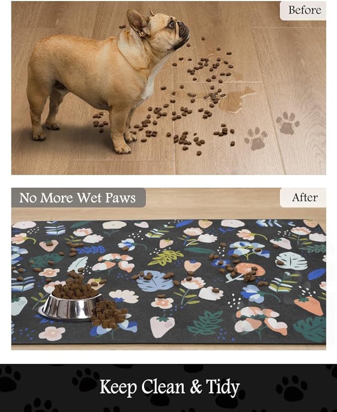 Pet Feeding Mat-Absorbent Dog Mat for Food and Water Bowl-No Stains Quick Dry Water Dispenser Mat-Dog Accessories Pet Supplies-Bowl for Messy Drinkers（DARKFLOWERS,16"x24"-Mewly Pet