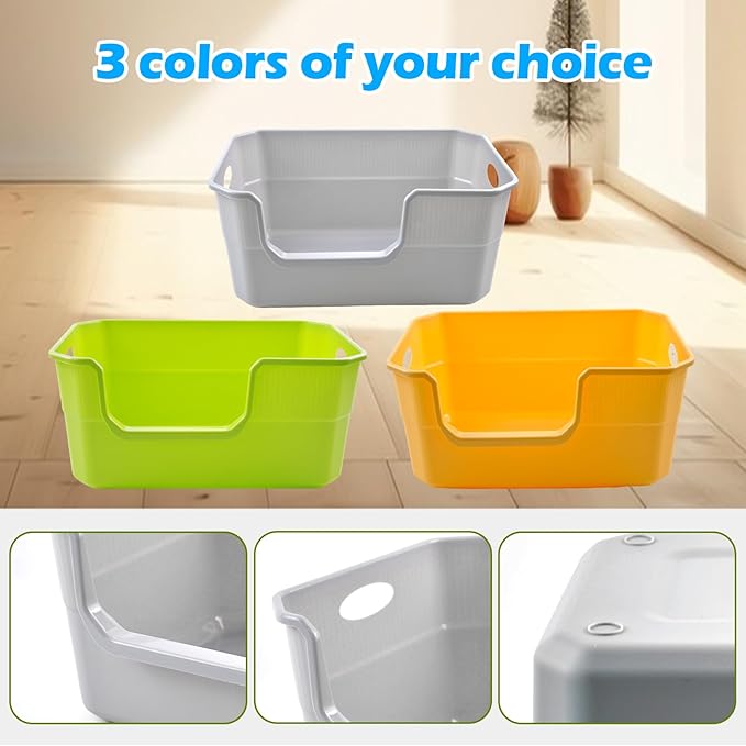 Large Open Cat Litter Box Low Entry,High Sided Cat Litter Pan Anti-Splashing Plastic Kitty Box Grey Kitten Pan with High Wall Easy Clean-Mewly Pet