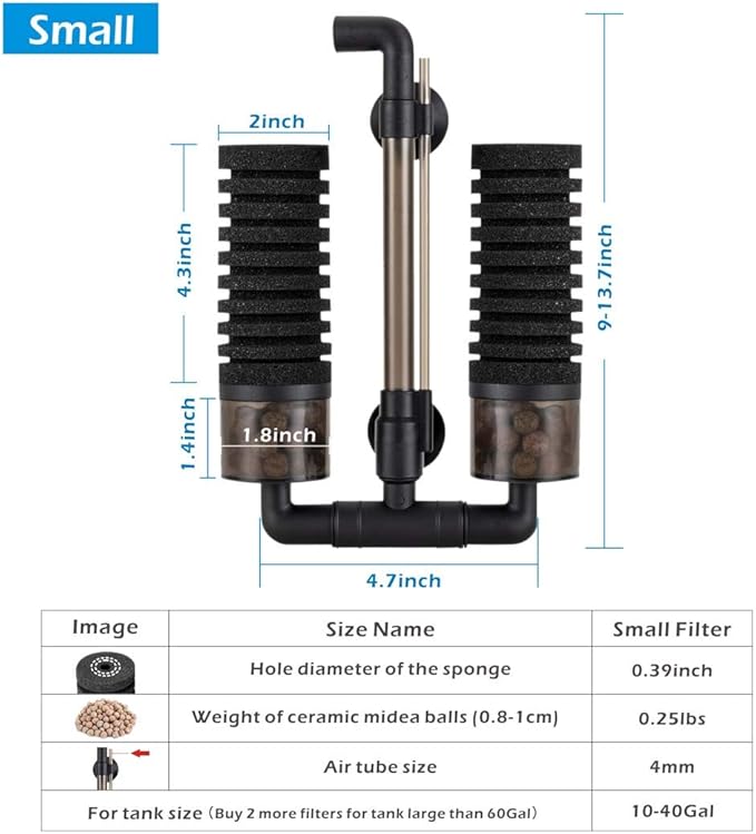 hygger Sponge Filter, Aquarium Filter Double Sponge Replaceable Media with 4 Biochemical Sponges and 1 Bag of Filtered Ceramic Balls Ultra Quiet Filter Fish Tank (S/M)-Mewly Pet
