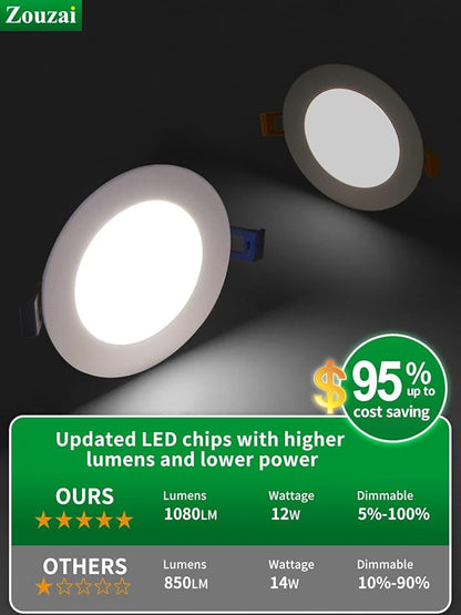 zouzai 12 Pack 6 Inch 5CCT Ultra-Thin LED Recessed Ceiling Light with Junction Box, 2700K/3000K/3500K/4000K/5000K Selectable, 12W Eqv 110W,Dimmable, led can Lights- ETL and Energy Star Certified
