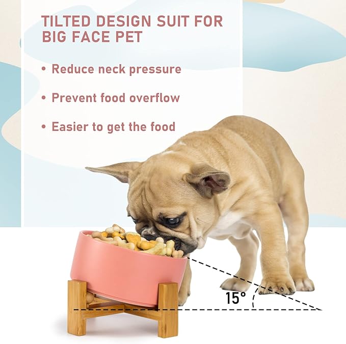 SPUNKYJUNKY 15° Slanted Ceramic Dog and Cat Bowl with Wooden Stand, Tilted Bulldog Food and Water Bowl No Slip Non-Spill for Cats Medium Dogs Big Face Pets 28.7 OZ (3.6 Cups,Pink)-Mewly Pet