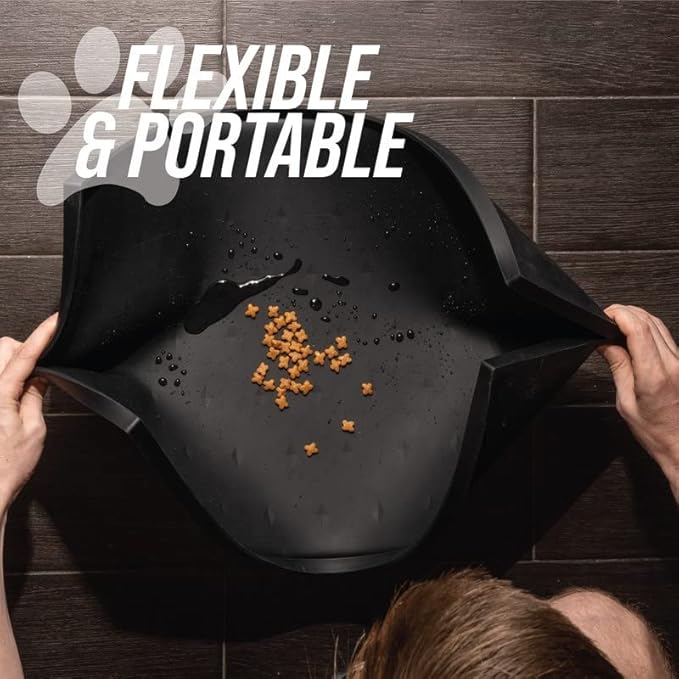 Leash Boss Dog Food Mat for Food and Water Bowls, Waterproof Silicone Pet Feeding Mat for Floors, Extra Tall Raised Edges, Cat and Dog Placemat for Floors, Dishwasher Safe (XL: 25" x 17" - Navy)-Mewly Pet