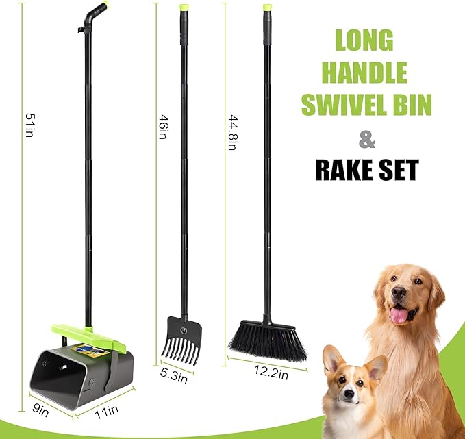 Pooper Scooper Swivel Bin & Rake Kit with 35 Bags – 46" Long Handle Heavy Duty Dog Poop Scooper with Bag Attachment, Yard Pet Waste Cleanup Tool for Large Medium Small Dogs-Mewly Pet