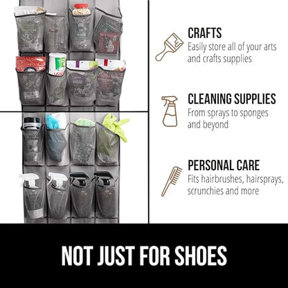 GORILLA GRIP Over the Door Shoe Organizer, 24 Extra Large Breathable Mesh Pockets, Space Saving Hanging Storage Holder, 4 Hook Closet Rack Hanger, Hangs on Closets for Shoes and Accessories, Gray