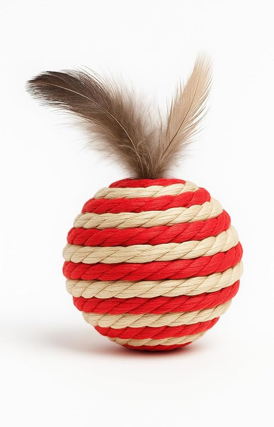 Ball for cat with Feathers - Balls for Cats – Natural Toy for Indoor Cats – Eco-Friendly, Durable, Interactive Play Balls for Kittens – Pet-Safe Chew & Scratch Toys (Red)-Mewly Pet