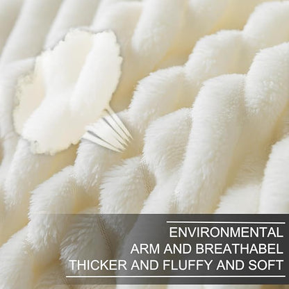 Richave Cuddly Blanket,Premium Lightweight Anti-Static Fluffy Fleece Travel Throw, Blanket with Striped Pattern, 50x60 Inches, Cream