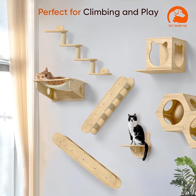 Wall-Mounted Cat Furniture for Climbing - Indoor Wooden Floating Shelves, Perches, Hammock, Bed, Bridges, and Walkways-Mewly Pet