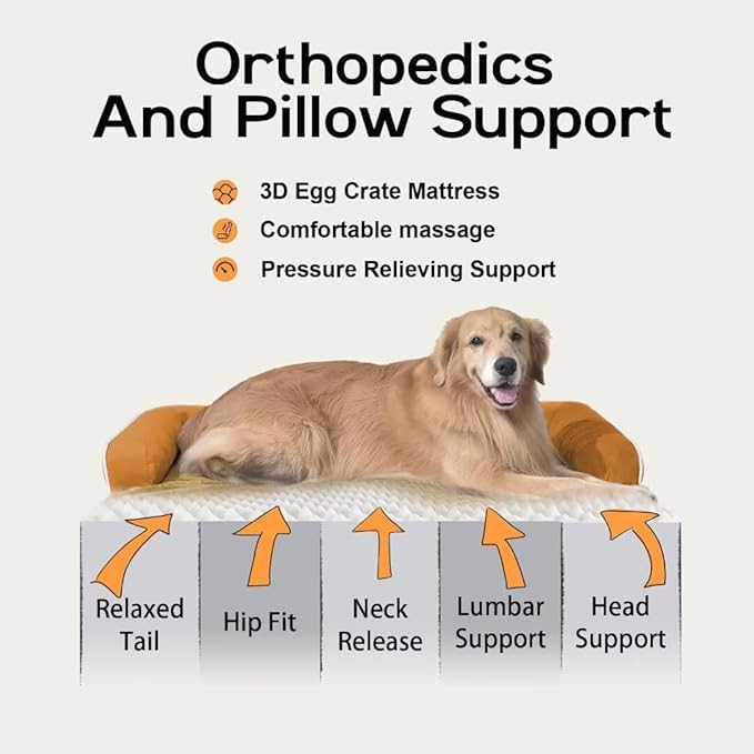 Large Dog Bed Orthopedic Washable, Orthopedic Dog Beds for Large Dogs, Washable Cover Removable Bolster and Non-Slip Bottom Pet Beds, XL XLarge Extra Large Dogs - Orange-Mewly Pet