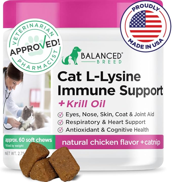 Balanced Breed L-Lysine Cats Immune Support Soft Chews Made in USA Vet-Pharmacist Approved Seasonal Allergy Relief Cat Vitamins Indoor Cats Supplements Krill Oil Asthma Relief Cat Lysine Treats NonGMO-Mewly Pet