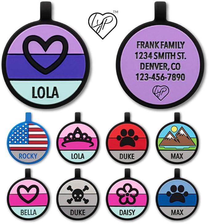 LYP - Our Original Soundless Pet ID Tag - Largest Line of Silicone Dog Tags - No More Jingling Dog Tags -Durable - Never Fades - Customized Deep Engraved Silicone (Heart - Purple)-Mewly Pet
