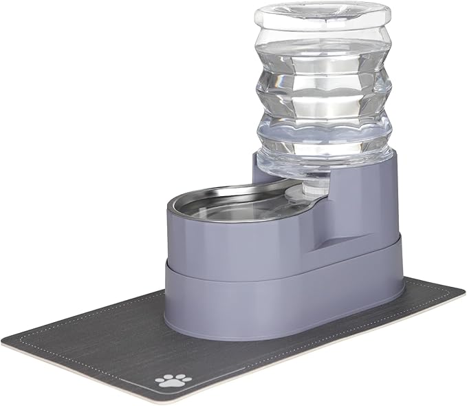 Sfozstra Automatic Gravity Water Dispenser: 5L Gray Stainless Steel Pet Bowl Waterer with Waterproof Pad - Raised Edge Water Feeder for Cats & Small Dogs Indoor/Outdoor-Mewly Pet