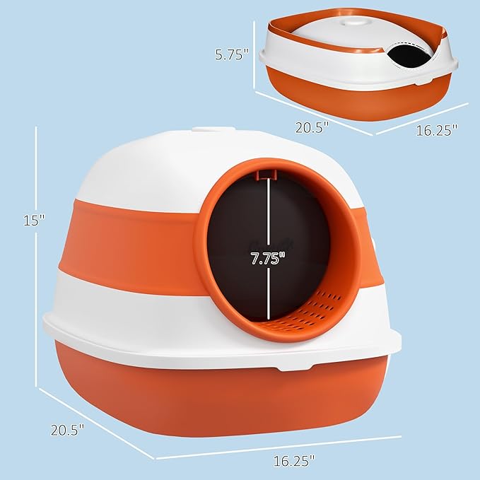 PawHut Cat Litter Box with Lid, Covered Litter Box w/High Sides, Air Freshener, Large Two-Way Entrance Kitty Toilet, Foldable, Easy Clean, Orange-Mewly Pet