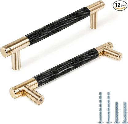 Knurled Cabinet Pulls 12 Pack, 6 Inch Long Cabinet Handles Metal Door Pulls, Kitchen Drawer Pull Knurled Dresser Handles - 5" Hole to Hole, Black & Gold