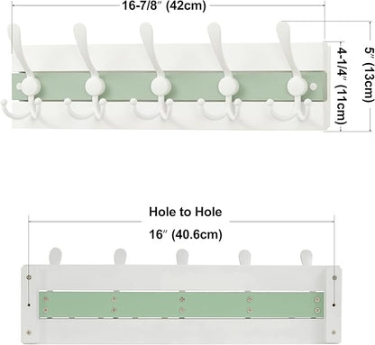 SKOLOO Coastal Wall Mounted Coat Rack - 17" Beach House Entryway Wooden Coat Hook with 5 Hooks for Hanging Coats, Hats or Towels, Oceanfront Cottage Core Collection, White & Green, Pack of 2