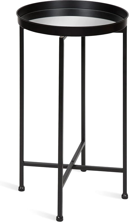 Kate and Laurel Celia Round Metal Foldable Accent Table with Mirror Tray Top, Black