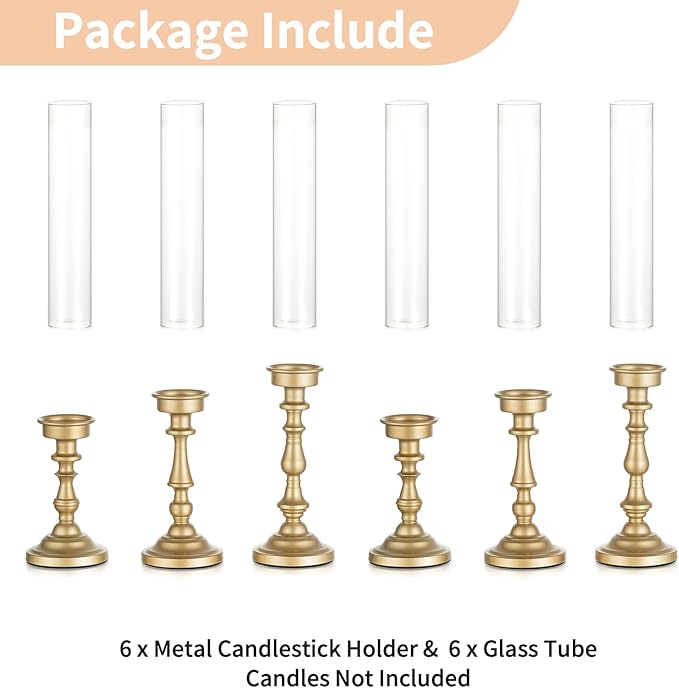 NUPTIO Gold Candlestick Holders Bulk: Set of 6 Tall Hurricane Glass Taper Candleholders - Vintage Candles Stick Stand for Wedding Bridal Shower Birthday Party Centerpiece Decor