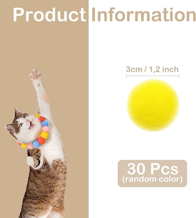 Cat Toy Balls, 30Pcs Premium Soft Pom Pom Balls for Kittens, 1,2'' Funny Interactive Cat Pompom Toys for Bored Indoor Cats Playing Plush Balls for Craft DIY Decorations,Cute Kitten Kitty Toys.-Mewly Pet