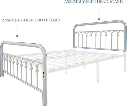 YALAXON Vintage Sturdy Queen Size Metal Bed Frame with Headboard and Footboard Basic Bed Frame No Box Spring Needed (Queen,White)