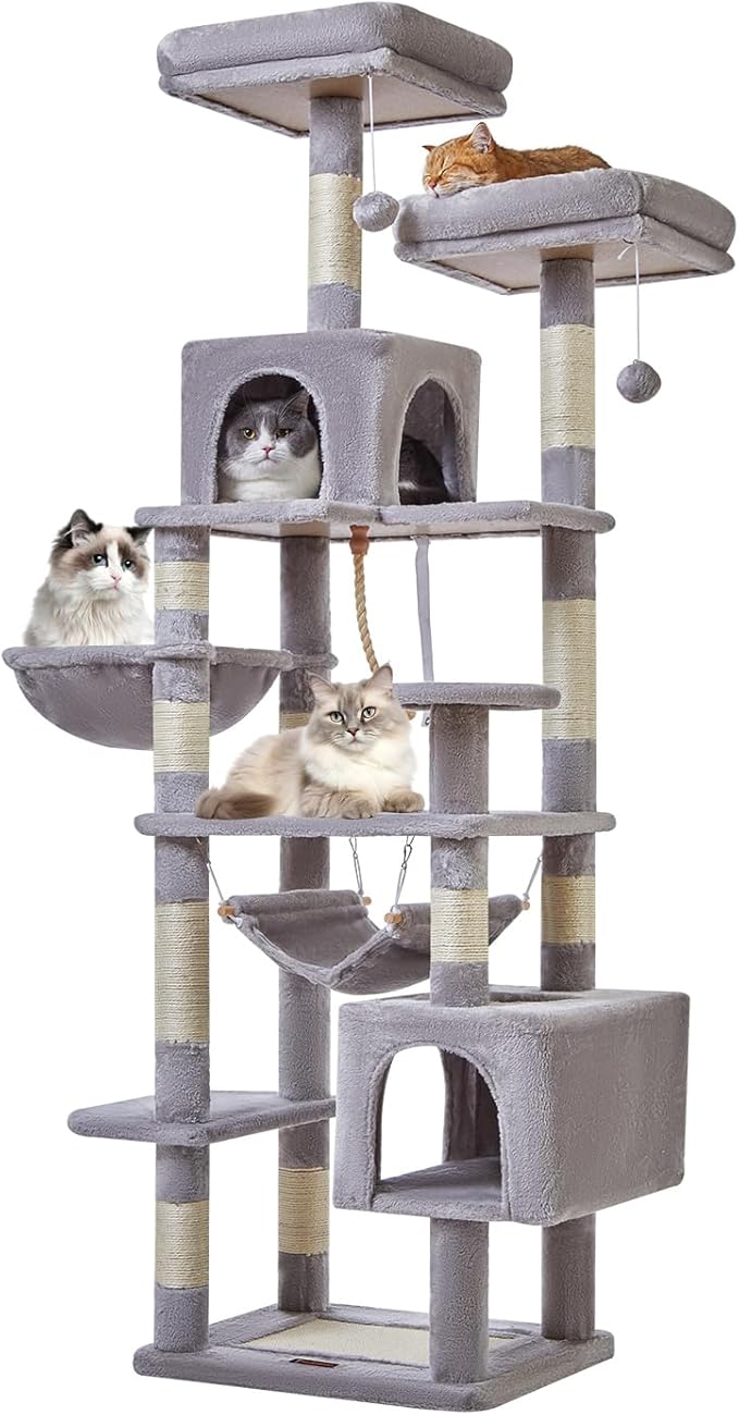 Taoqimiao Cat Tree, 71-Inch Cat Tree Cat Tower for Indoor Cats, Plush Multi-Level Cat Condo with 10 Scratching Posts, 2 Perches,Basket, 2 Caves,Hammock, 2 Pompoms,MS020W Light Gray-Mewly Pet