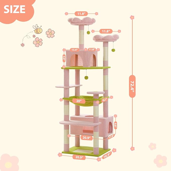 PAWZ Road Flower Cat Tree, 72 Inches Large Cat Tower with Steel Frame Hammock and 7 Scratching Posts, Tall Cat Tree with 2 Condos and Perches for Large Indoor Cats - Pink-Mewly Pet