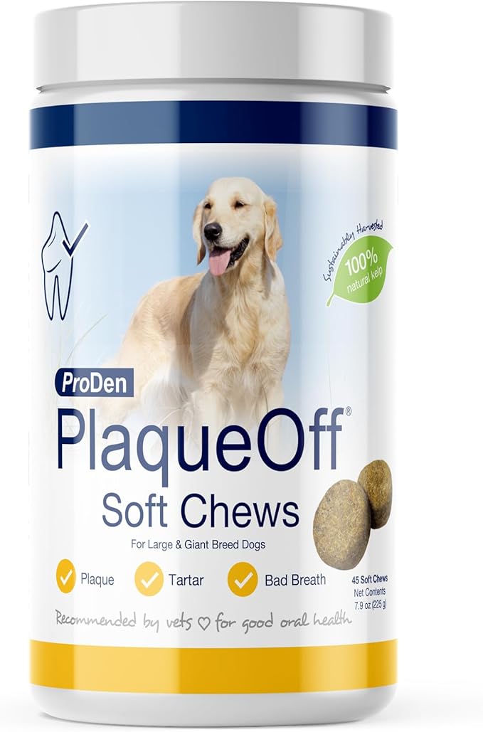 ProDen PlaqueOff Soft Chews with Natural Kelp - for Large & Giant Breed Dogs - Supports Normal, Healthy Teeth, Gums, and Breath Odor in Dogs - 45 Soft Chews-Mewly Pet