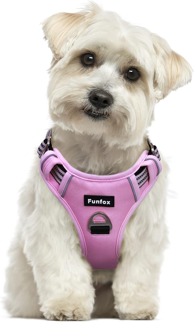 Funfox Dog Harness No Pull, Adjustable Pet Vest Harness, Super Soft Material with Vertical Handle Easy Control, Reflective Night Walking, 2 Leash Clips for Small Sized Dogs, Pink, S-Mewly Pet