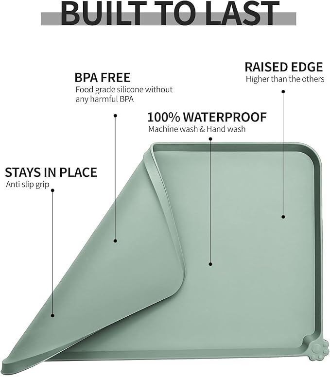 Waterproof Pet Feeding Mat with High Raised Edges, Heavier and Thicker Placemats for Cat Dog Water Bowl with BPA Free, Dogs Cats Food Mats for Messy Drinkers to Prevent Spill and Protect Floors-Mewly Pet