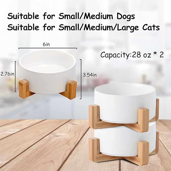 Petygooing Ceramic Dog Cat Bowl Set with Stand, Pet Dog Food and Water Dish,Medium Pet Bowls Anti Slip Set of 2 Cat Bowls-White Pet Food Bowl- Small Medium Size Pet (28 OZ /3.6 Cups)-Mewly Pet