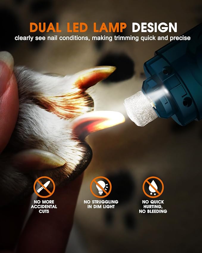 Dog Nail Trimmers and Dog Nail Clippers Kit, Whisper Quiet Electric Grinder with Light, for Small, Medium, Large Dogs, Cats Toenail Grooming, 3 Speeds-Mewly Pet