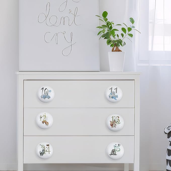 8Pack1.5 Ceramic Unique Cabinet Knob Blue Bear with Flowers Number Safari Animal Kids Room Wardrobe Dresser Drawer Knobs Handle Pulls
