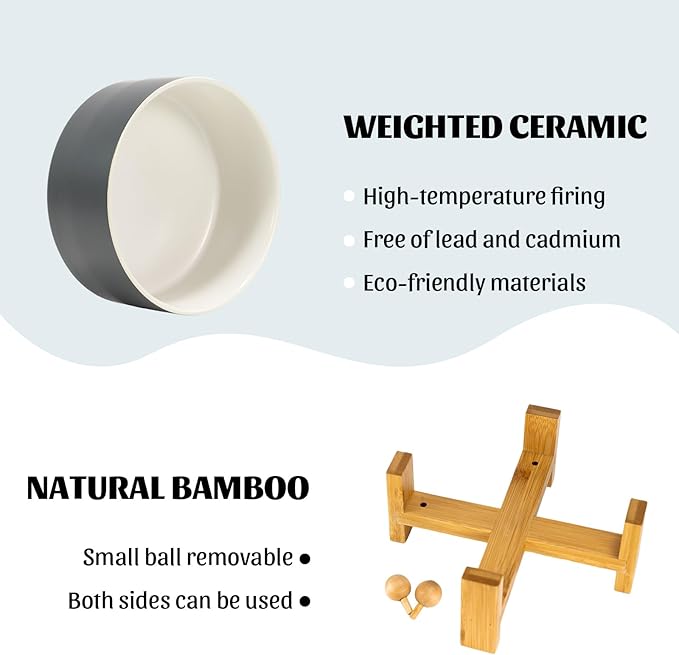 SPUNKYJUNKY 15° Slanted Ceramic Dog and Cat Bowl with Wooden Stand, Tilted Bulldog Food and Water Bowl No Slip Non-Spill for Cats Medium Dogs Big Face Pets 28.7 OZ (3.6 Cups, White-Grey)-Mewly Pet