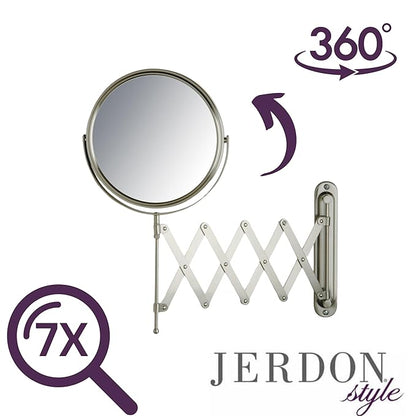 JERDON Two-Sided Wall-Mounted Makeup Mirror - Makeup Mirror with 7X Magnification & Extendable Arm - 8-inch Diameter Mirror with Nickel Finish Wall Mount - Model JP2027N