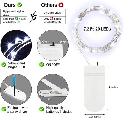 MUMUXI 32 Pack 7.2ft Fairy Lights Battery Operated. 20 LED String Lights Waterproof Silver Copper Wire Starry Firefly LEDs for Wedding Party Jars Christmas Decorations, Cool White