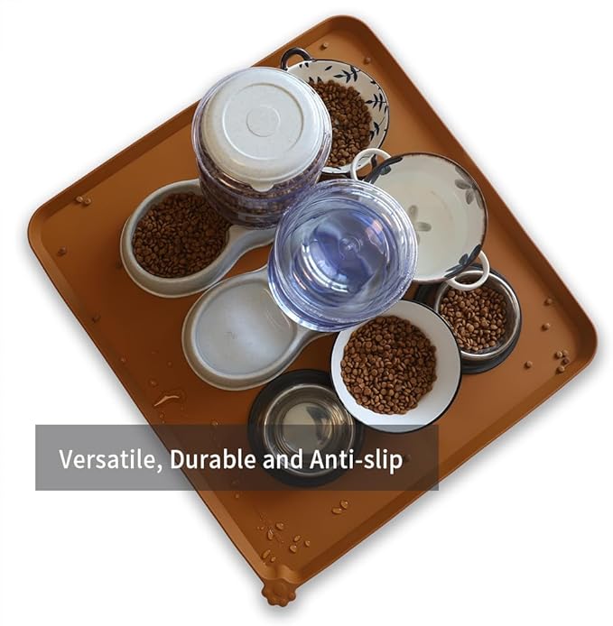 Hoki Found XX-Large Non Slip Silicone Pet Food Mats - Bowl Mats Tray - Feeding Mat for Carpet, Dogs, Cats - Waterproof - Butterscotch-Mewly Pet
