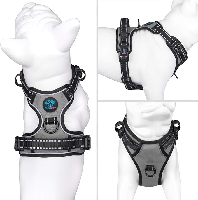 PHOEPET No Pull Dog Harness Medium Reflective Front Clip Vest with Handle,Adjustable 2 Metal Rings 2 Buckles(L, Grey)-Mewly Pet