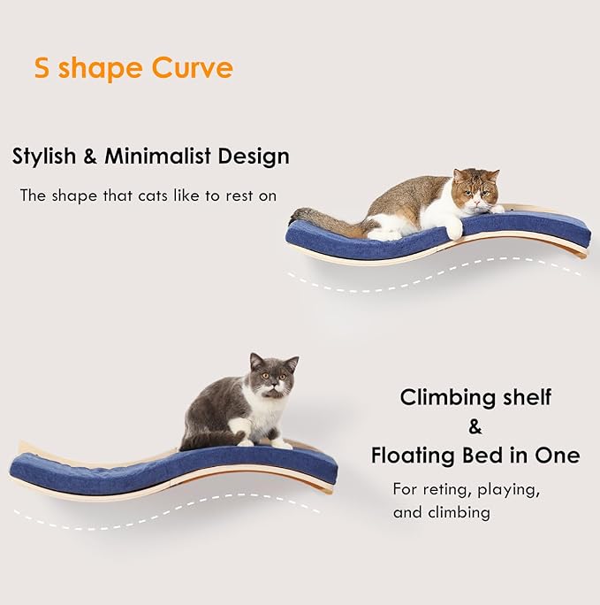 Cat Wall Shelves for Large Cats - Wall Mounted Furniture with Comfortable Cushion, Perfect Perch and Bed for Multi-Cat Households - 35 inch Wavy Shelf for Climbing, Playing, Resting, and Lounging-Mewly Pet